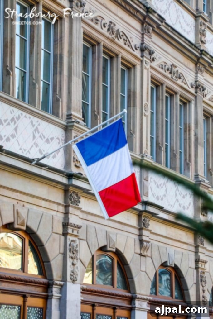 Hearty Homemade French Onion Soup 4 An elegant building in Strasbourg, France, featuring the French flag, symbolizing the rich cultural heritage that inspired this French onion soup recipe.