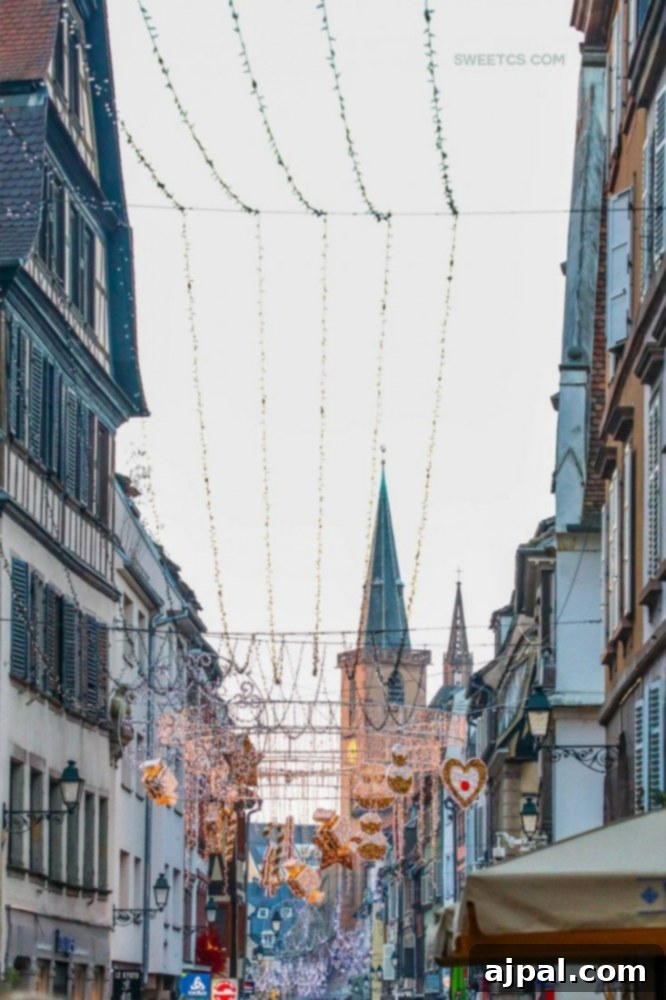 Strasbourg's Magical Christmas Markets 5 A festive street, brightly lit with enchanting Christmas lights, in Strasbourg, France.