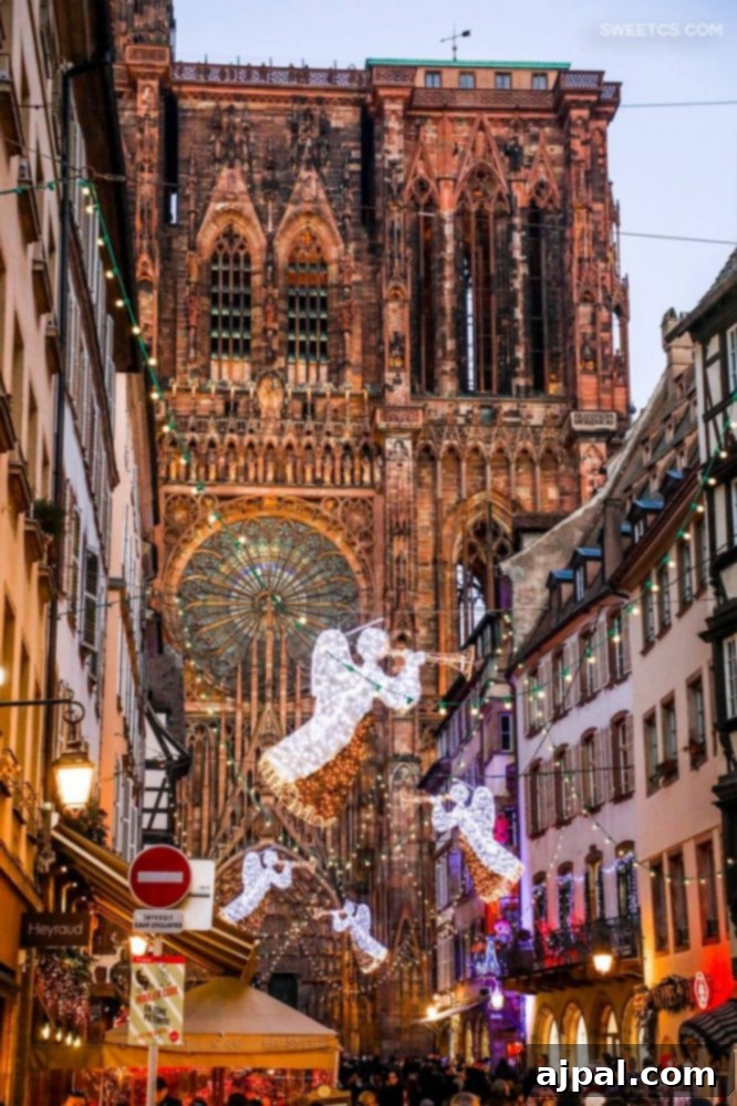Strasbourg's Magical Christmas Markets 6 A picturesque Christmas market scene in Strasbourg, France, framed by the stunning backdrop of the Cathedral.