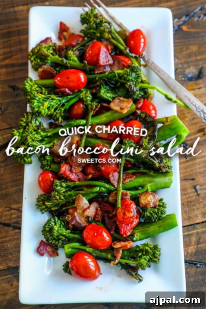 A beautifully presented serving of Charred Bacon and Broccolini Salad, perfect for a healthy and quick date night meal.