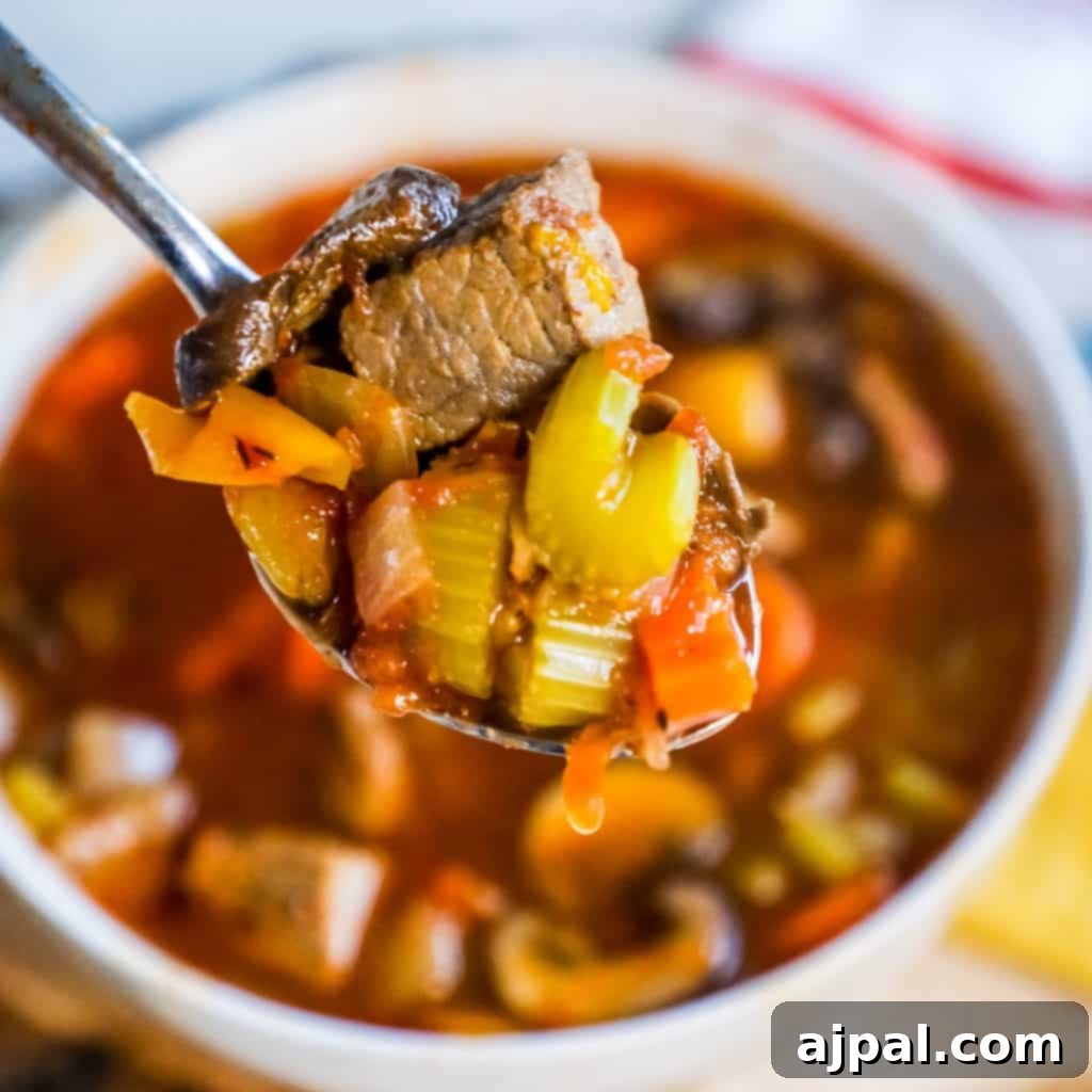 A comforting bowl of Instant Pot Skinny Steak Soup, brimming with tender beef, vibrant celery, carrots, and a rich, savory broth.