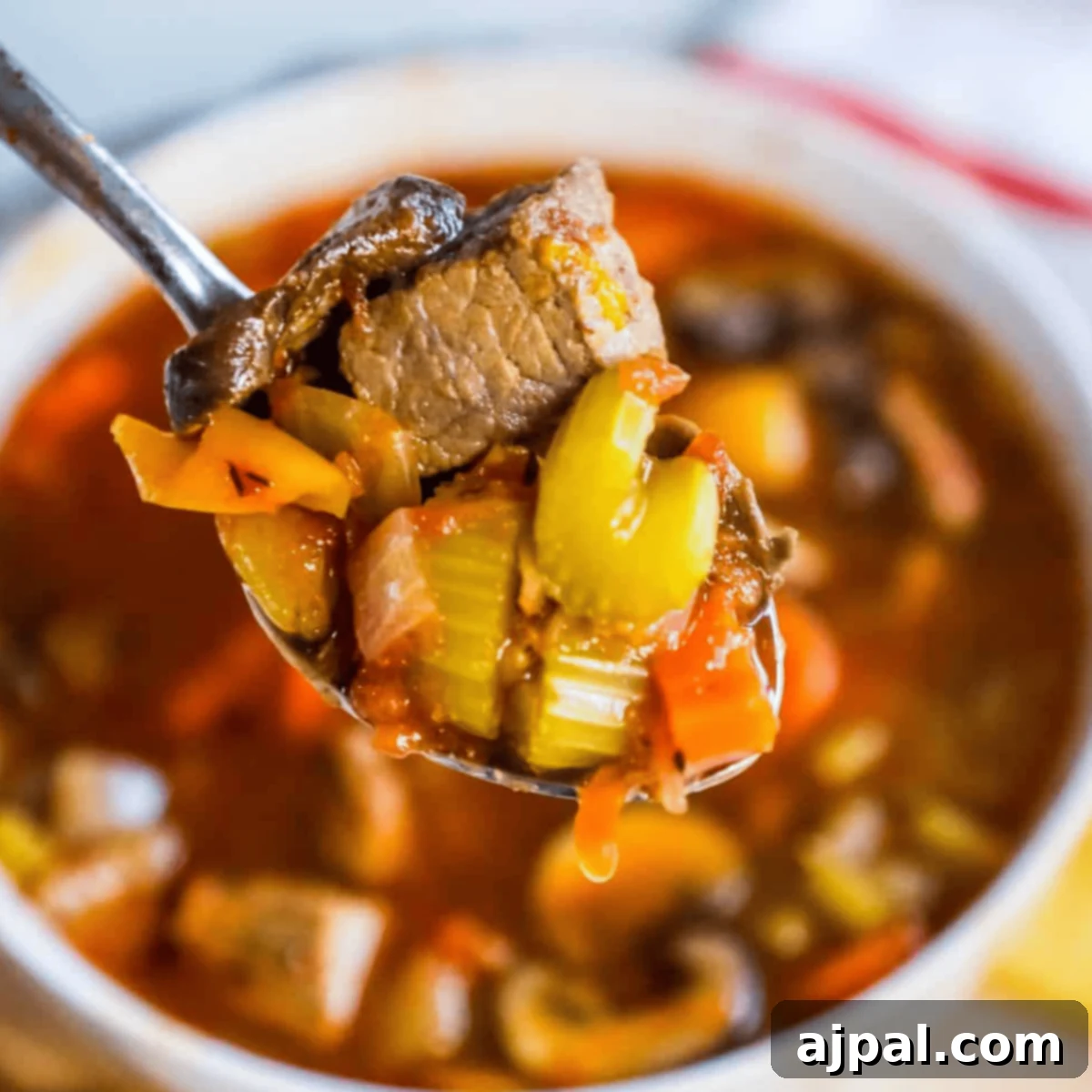 A spoonful of hearty Instant Pot steak soup with chunks of meat and vegetables, held above a rustic bowl of the same rich, homemade soup.