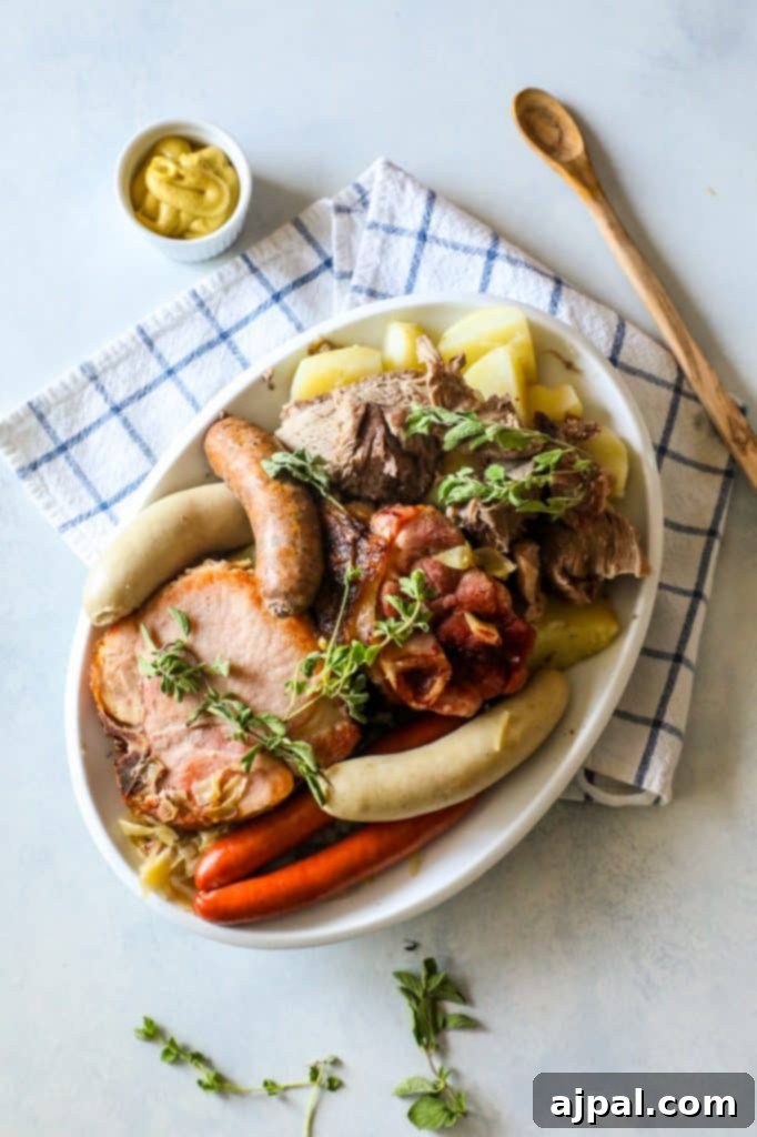 Alsace Choucroute Garnie Braised Pork and Sauerkraut 2 braised pork, ham, and sausages on a white plate with potatoes and thyme