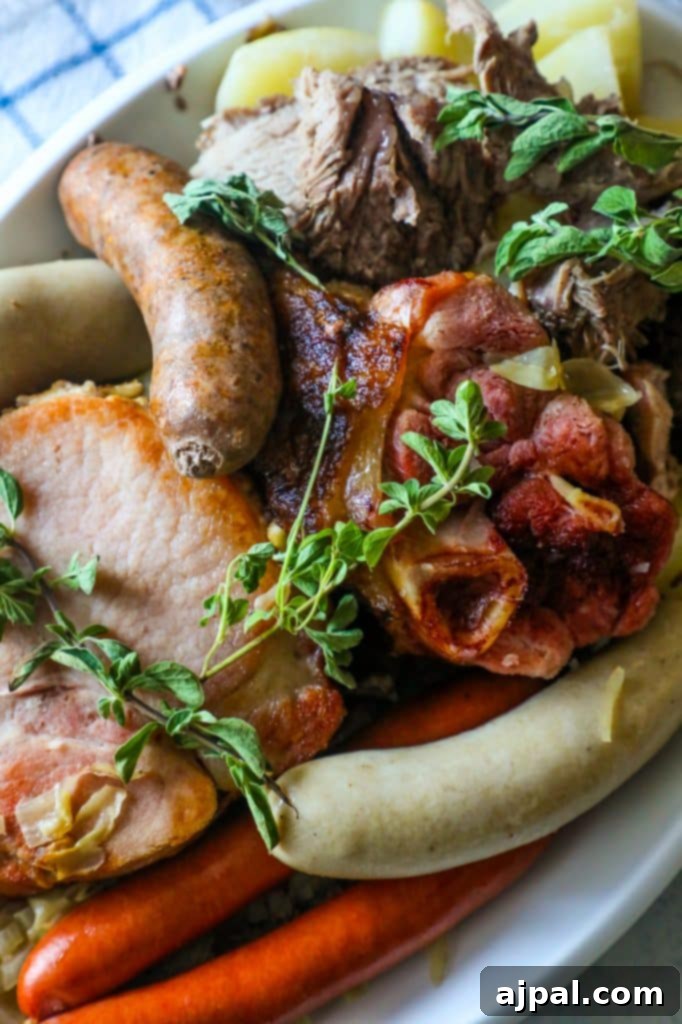 Alsace Choucroute Garnie Braised Pork and Sauerkraut 7 braised pork, ham, and sausages on a white plate with potatoes and thyme