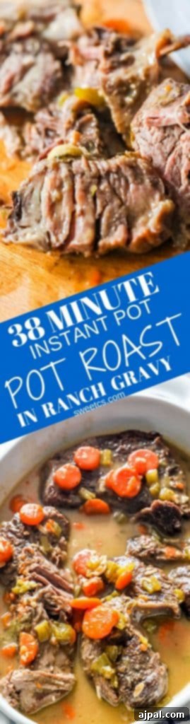 Tender beef ranch pot roast with carrots and rich gravy. Slices of beef on a cutting board.