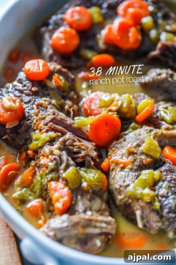 A generous serving of Instant Pot Ranch Pot Roast with carrots and tender beef, perfect for dinner.