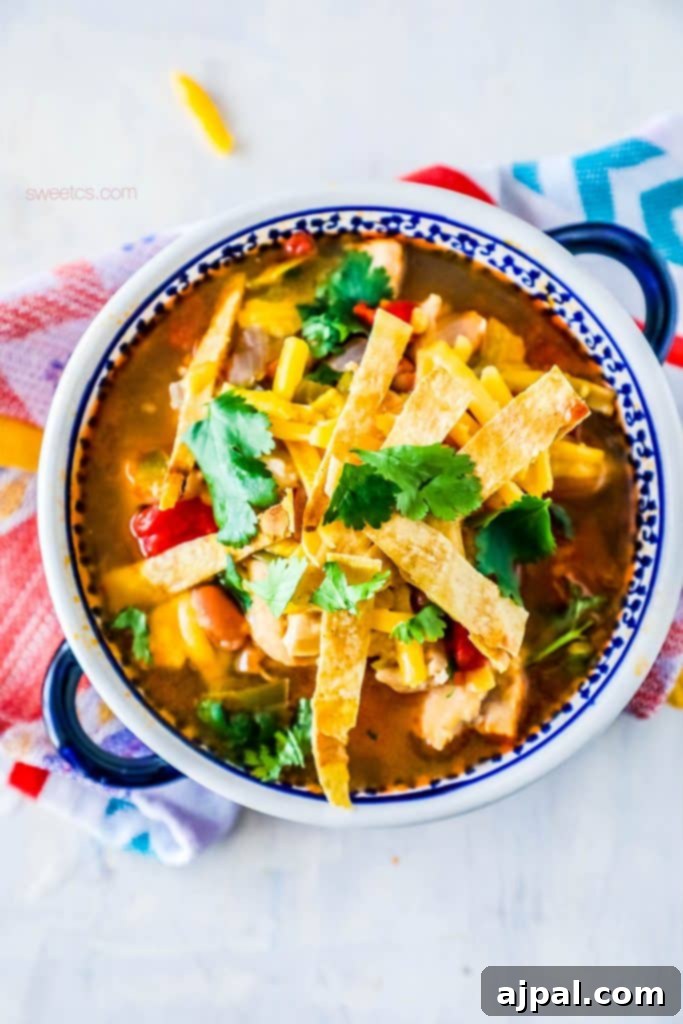 A bowl of vibrant chicken tortilla soup garnished with fresh cilantro and crispy tortilla strips.