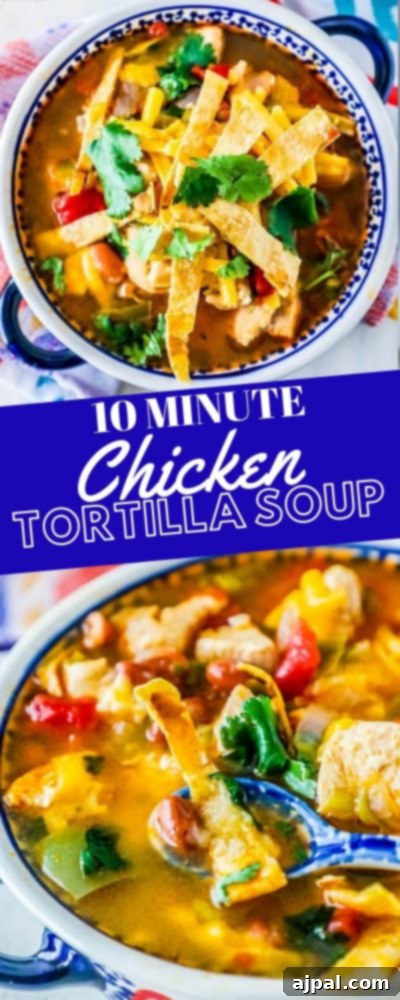 A delicious 10-minute chicken tortilla soup recipe, perfect for stovetop, Instant Pot, or slow cooker.