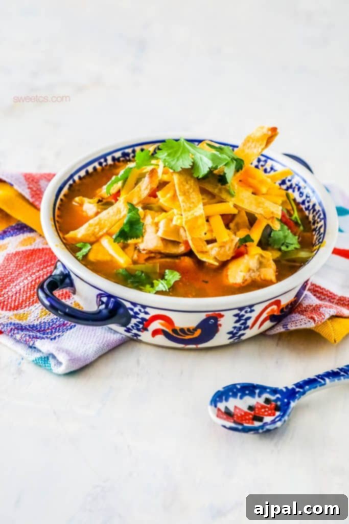 A steaming bowl of chicken tortilla soup, ready in just minutes, topped with fresh cilantro, cheese, and crispy tortilla strips.