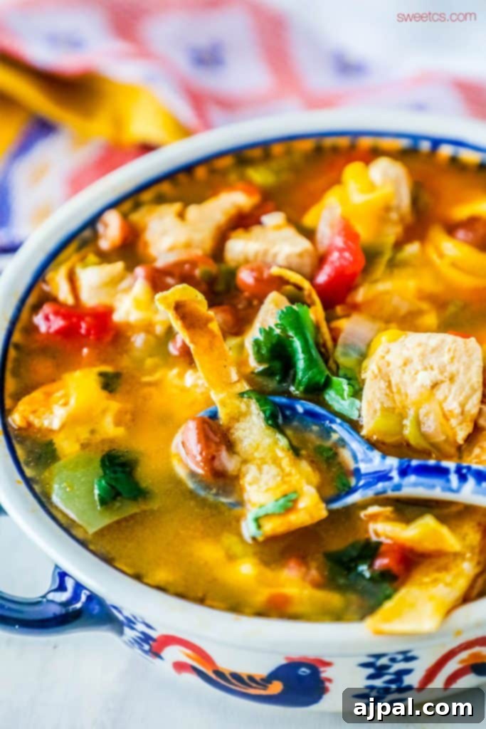 A delicious bowl of chicken tortilla soup, quick and easy to make on the stove, in the slow cooker, or in an instant pot!
