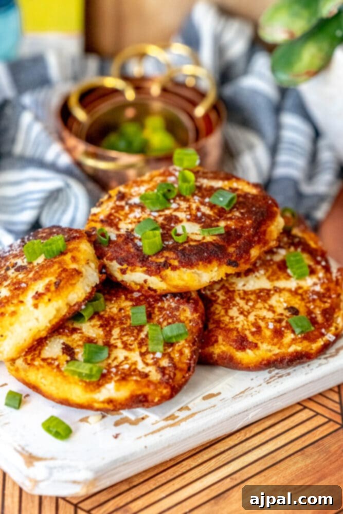 A close-up shot of a plate of Irish potato pancakes, perfectly golden and inviting.
