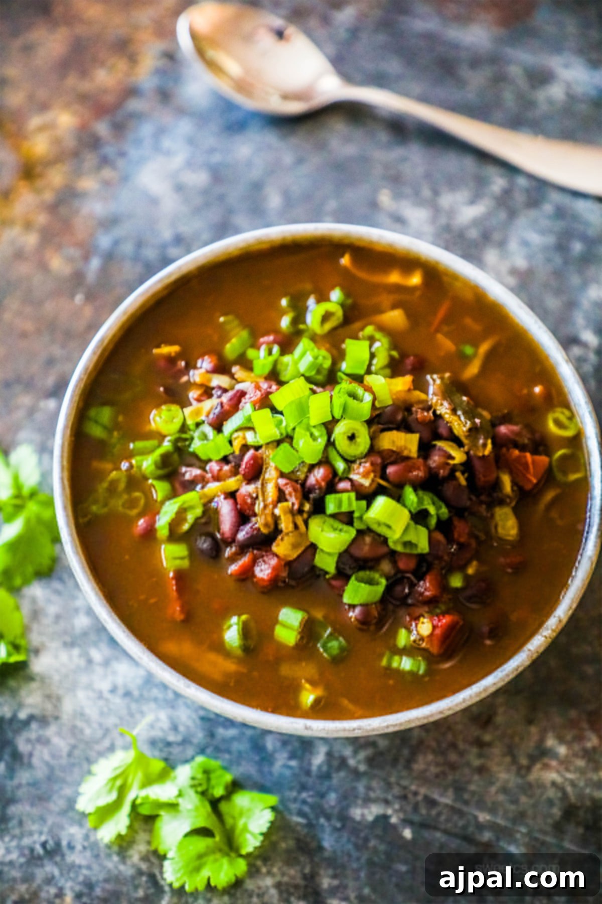 A large bowl of spicy black bean soup garnished with fresh green onions, invitingly placed on a rustic table.