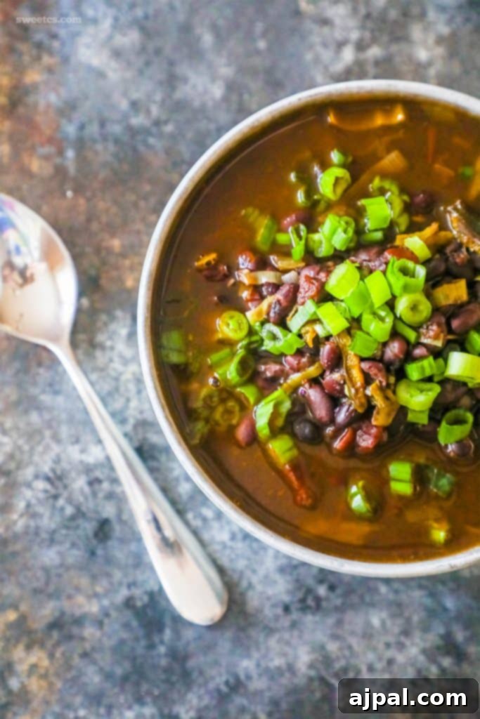 A warm bowl of spicy black bean soup, garnished with vibrant green onions, ready to be enjoyed.