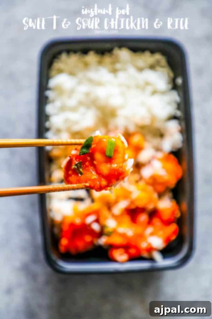 Instant Pot Sweet and Sour Chicken and Rice served in meal prep containers with a fork and chopsticks.