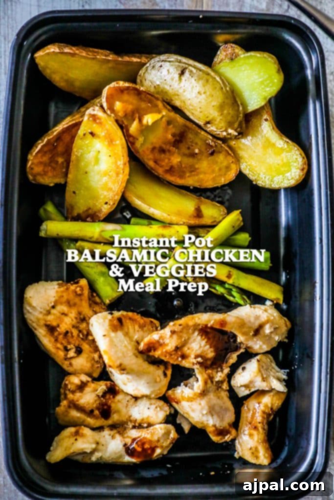 Nutritious Instant Pot Balsamic Chicken and Vegetables meal prep bowl featuring roasted potatoes, tender asparagus, and succulent chicken.