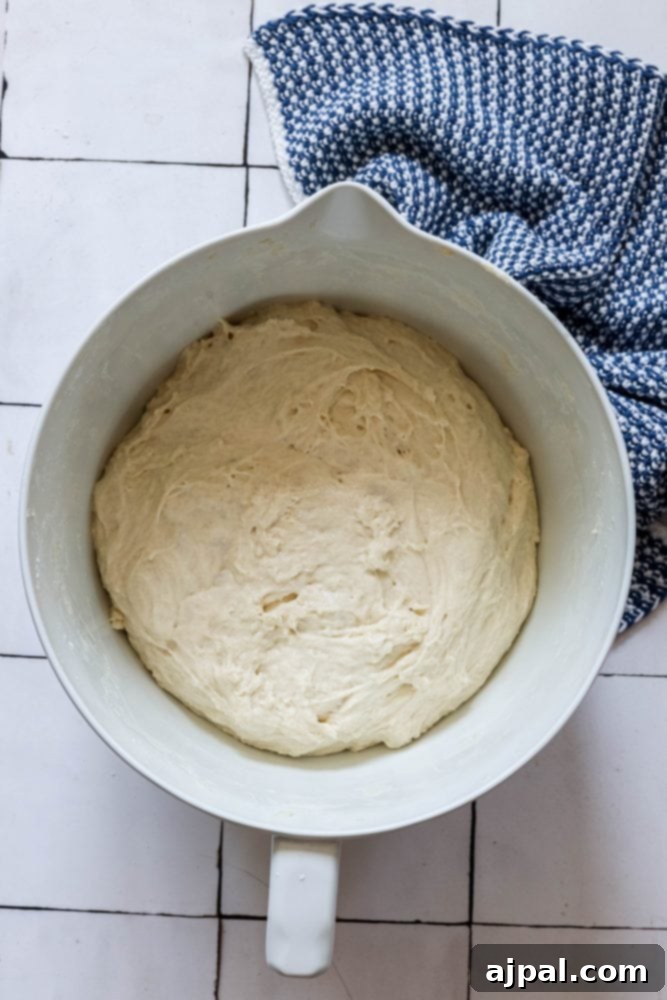 Effortless No-Knead Bread 13 Punched down bread dough in a bowl, after the first rise, deflated and ready for the next stage.