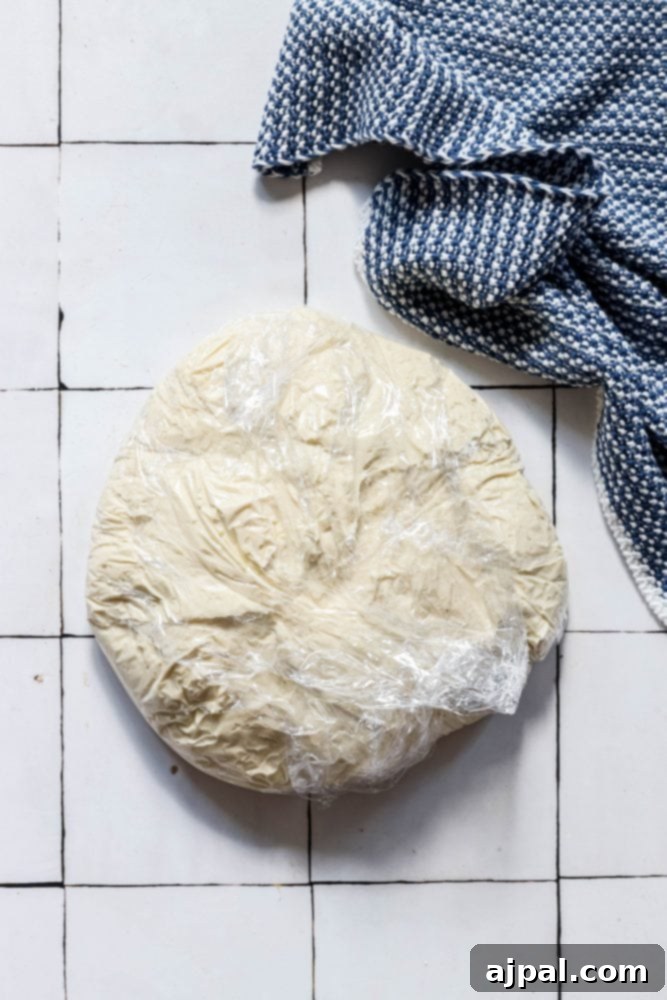 Effortless No-Knead Bread 14 Shaped bread dough wrapped tightly in plastic wrap, ready for its final rise.