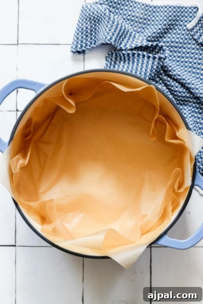 picture of dutch oven lined with parchment paper