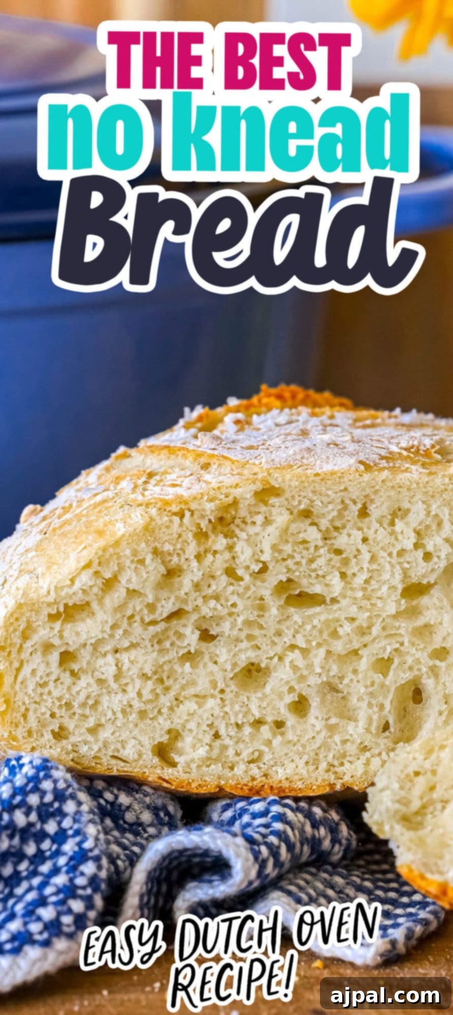 Effortless No-Knead Bread 21 A full, tall picture of the best Dutch oven no-knead bread recipe, showing a perfectly baked loaf with a crispy crust.