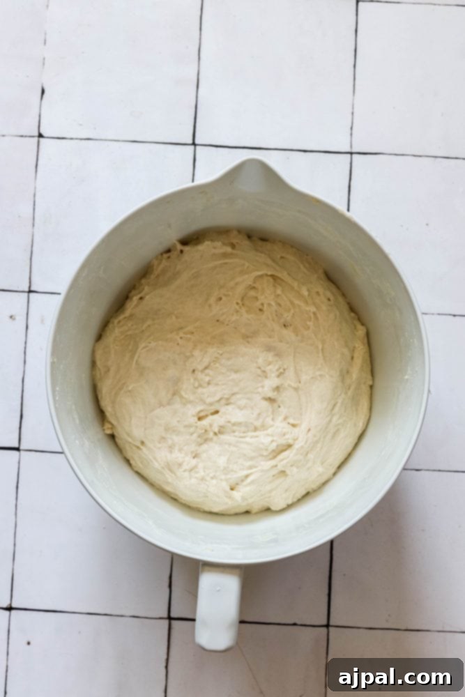 Effortless No-Knead Bread 10 The initial stage of bread dough coming together in a bowl after mixing, showcasing its shaggy texture.