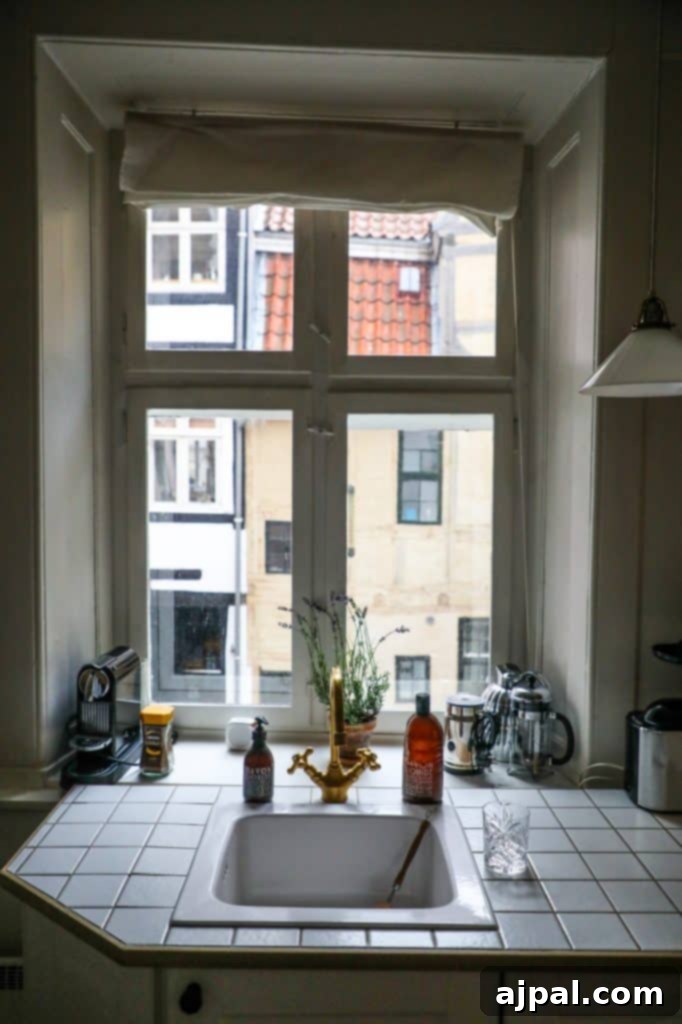 Paper Island Copenhagen Urban Oasis 13 A charming kitchen with a sink and a window offering views of Tivoli Gardens in Copenhagen, part of a delightful Airbnb apartment.