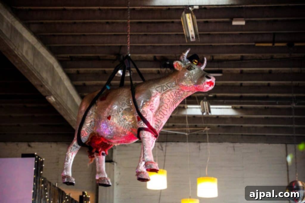 Paper Island Copenhagen Urban Oasis 7 A quirky disco cow decoration hanging from the ceiling inside a restaurant at Paper Island, Copenhagen, adding to the eccentric decor.