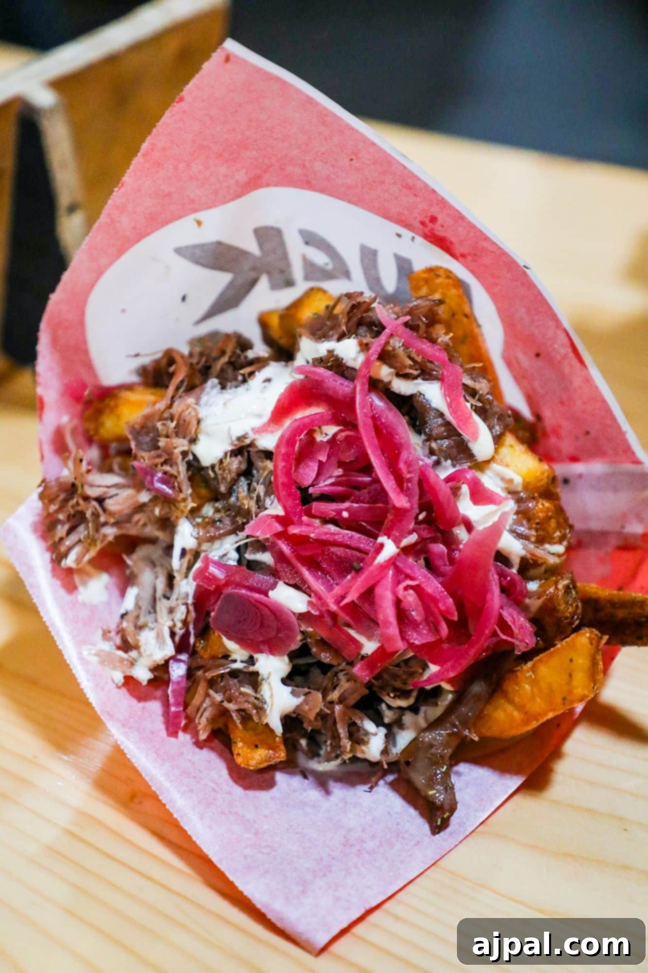 Paper Island Copenhagen Urban Oasis 10 A mouth-watering plate of fries topped with meat, a drizzle of sauce, and fresh onions, showcasing a delicious street food creation.