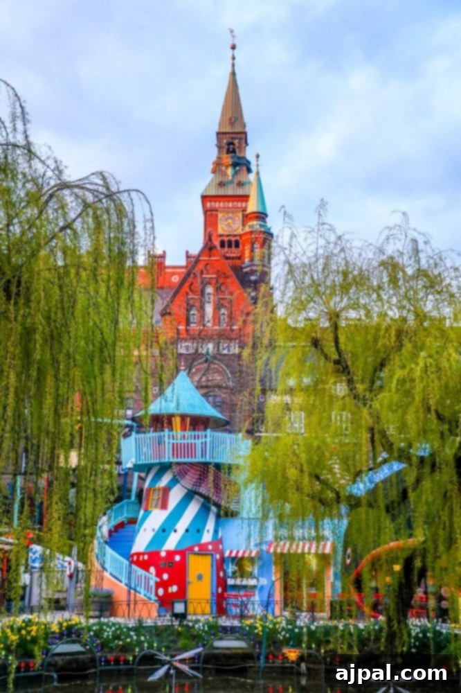 Tivoli Gardens Copenhagen Wonderland 11 A charming clock tower standing prominently in Tivoli Gardens, Copenhagen, adding to its architectural beauty.