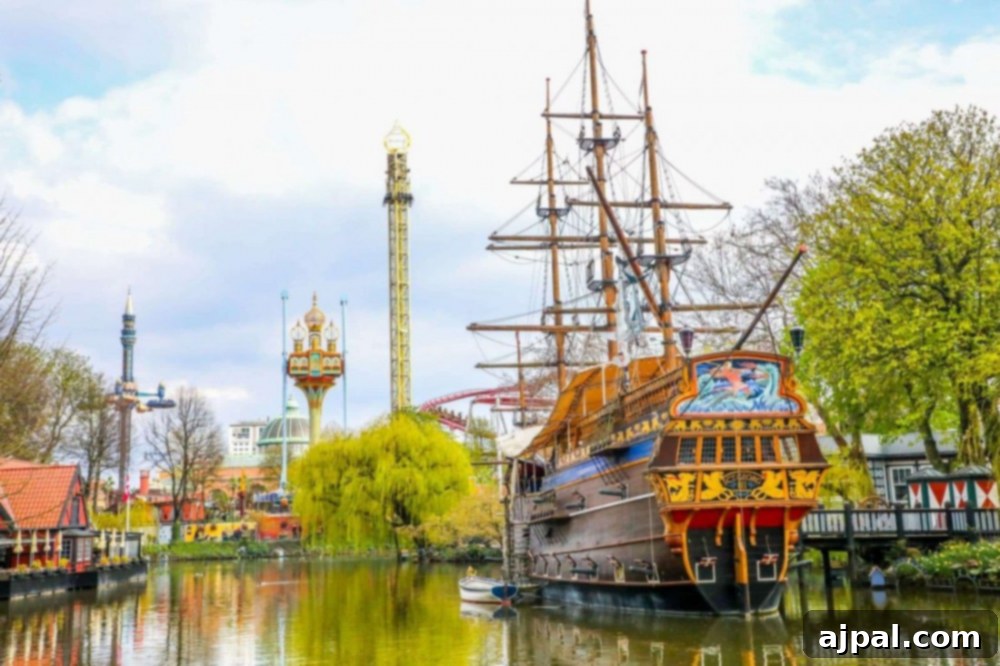 Tivoli Gardens Copenhagen Wonderland 30 A charming boat gracefully sailing through the serene waters of Tivoli Gardens in Copenhagen.