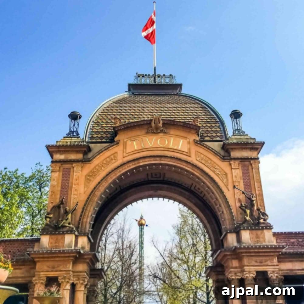 Tivoli Gardens Copenhagen Wonderland 4 The grand and inviting entrance to Tivoli Gardens, Copenhagen, a gateway to magic.