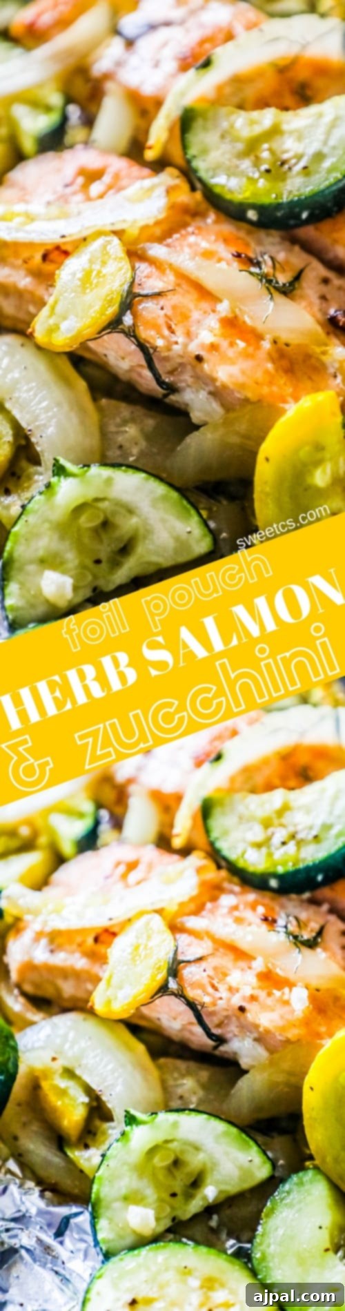 Garlic Herb Salmon and Zucchini Foil Packs 7 A vibrant close-up of garlic herb salmon and zucchini, freshly cooked and glistening with olive oil, on a sheet of foil, ready to be served.