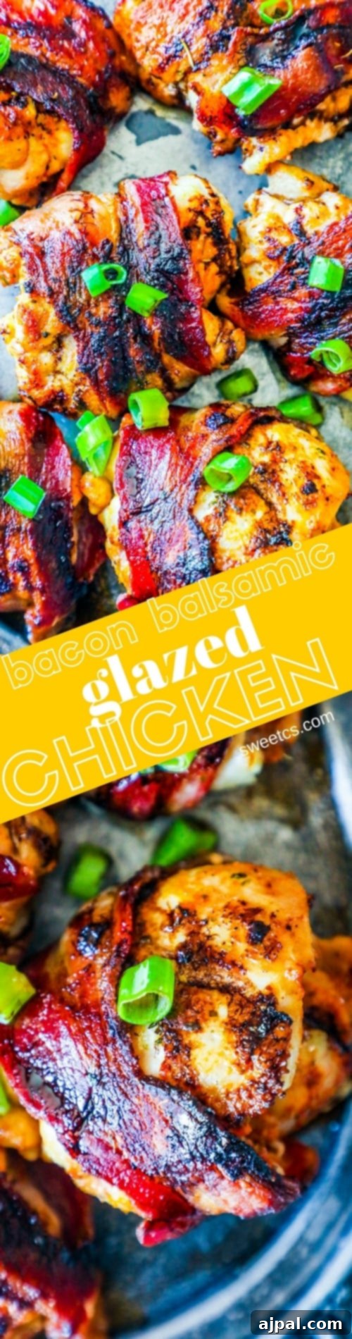 Sweet and Savory Balsamic Bacon Chicken Thighs 5 Grilled chicken with crispy bacon and fresh green onions, served on an elegant plate.