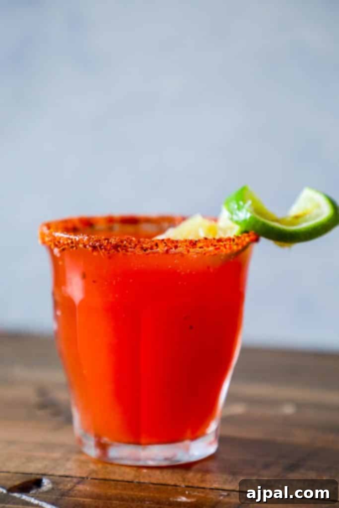 A vibrant Michelada cocktail garnished with lime, served in a tall glass, set on a rustic wooden table.