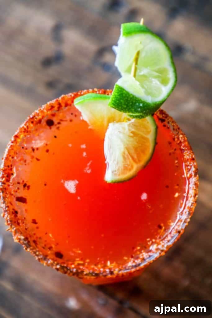 Close-up of a refreshing Michelada cocktail with a Tajín-rimmed glass, lime wedge garnish, and ice.