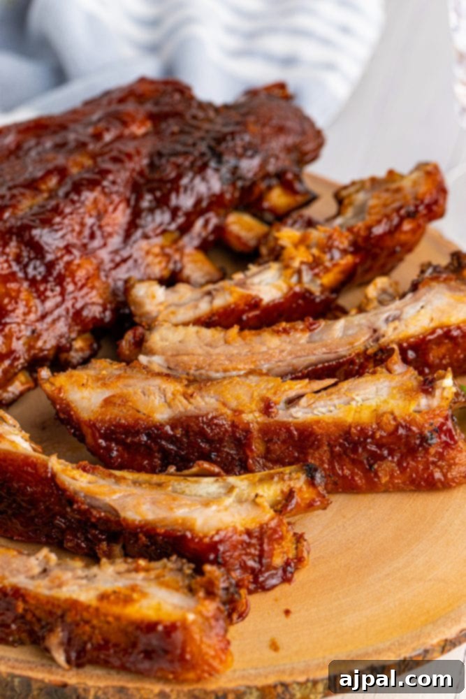 Perfectly Tender Oven Baked Ribs 2 Perfectly cooked oven-baked ribs, slathered in BBQ sauce, presented on a rustic wooden platter.