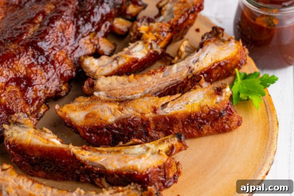 Perfectly Tender Oven Baked Ribs 11 A wooden platter filled with perfectly cooked ribs, accompanied by a small bowl of barbecue sauce for dipping.