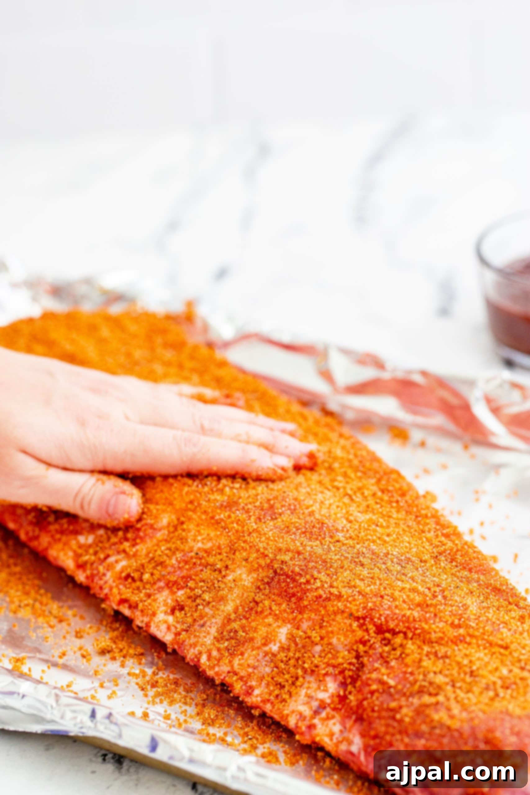 Perfectly Tender Oven Baked Ribs 6 A hand generously rubbing a mixture of spices onto raw pork ribs, ensuring even coverage.