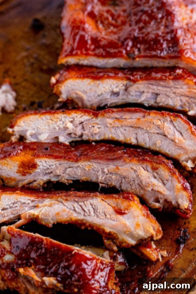Perfectly Tender Oven Baked Ribs 10 Succulent baked ribs, artfully arranged on a wooden cutting board, showcasing their rich color and inviting texture.