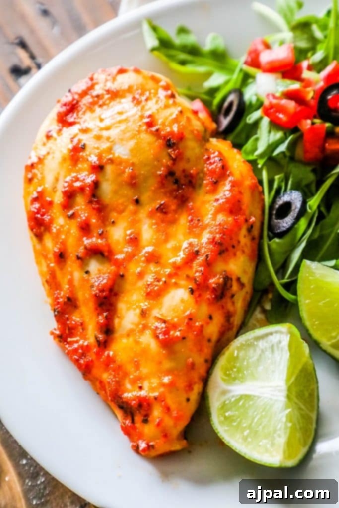 Pimento Infused Roast Chicken 3 A beautifully plated oven-roasted chicken breast with a vibrant side salad and fresh lime wedges, ready to be enjoyed.