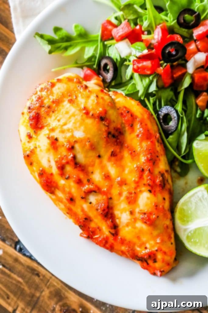 Pimento Infused Roast Chicken 4 A close-up shot of an oven-roasted chicken breast, perfectly cooked and served on a plate next to a fresh, vibrant side salad.