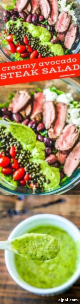 A vertical image of creamy avocado steak salad, featuring tender steak slices, fresh greens, and a vibrant green dressing.
