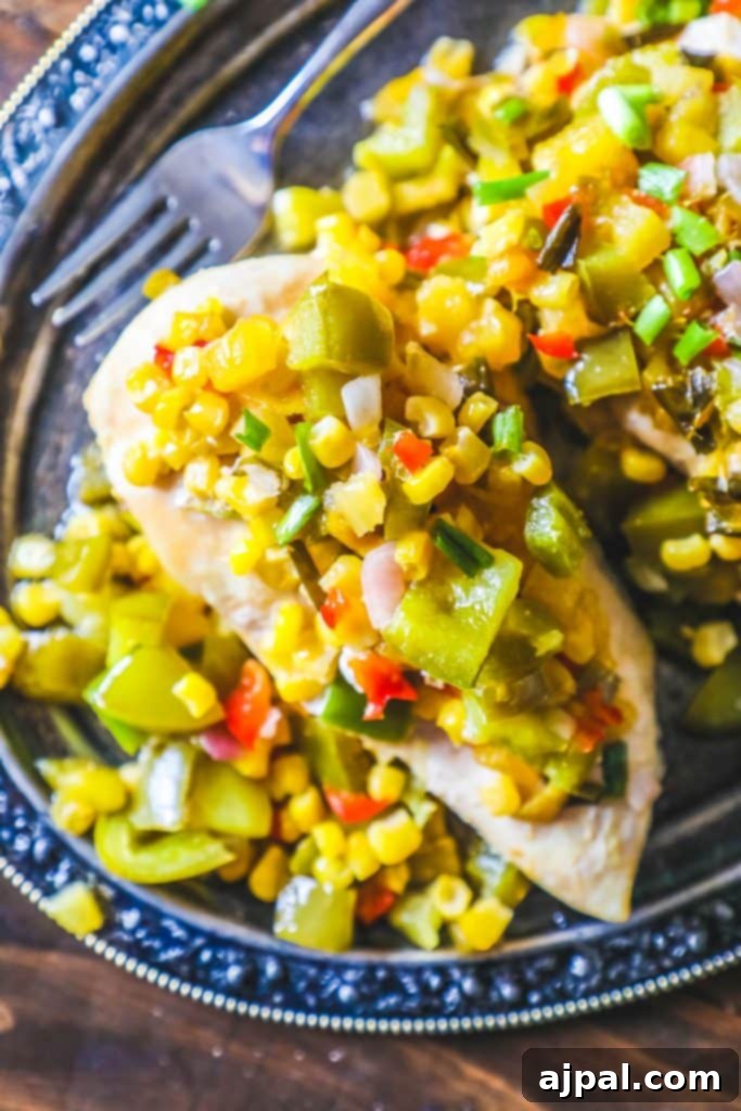 A close-up of baked Hawaiian chicken featuring pineapple chunks, red bell peppers, corn kernels, and fresh green onions as garnish.