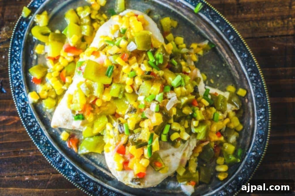 A plate of freshly baked Hawaiian chicken, generously topped with a vibrant salsa of pineapple, bell peppers, and corn.