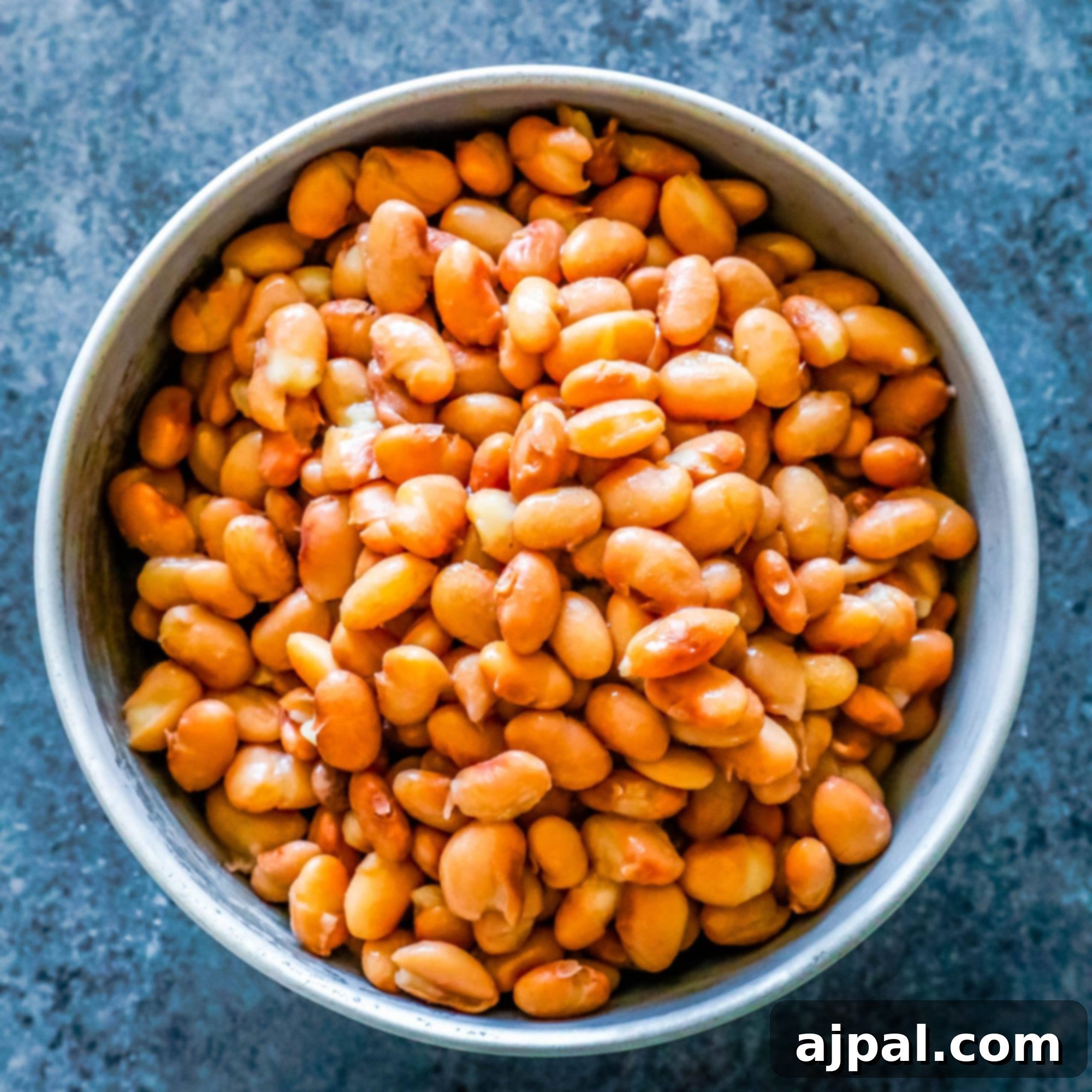 Overhead shot of Instant Pot Pinto Beans in a rustic bowl, garnished with a sprig of fresh herbs.
