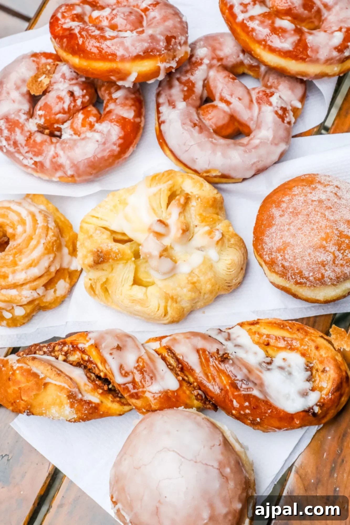 A delightful assortment of artisan doughnuts displayed on a table in a Berlin cafe.