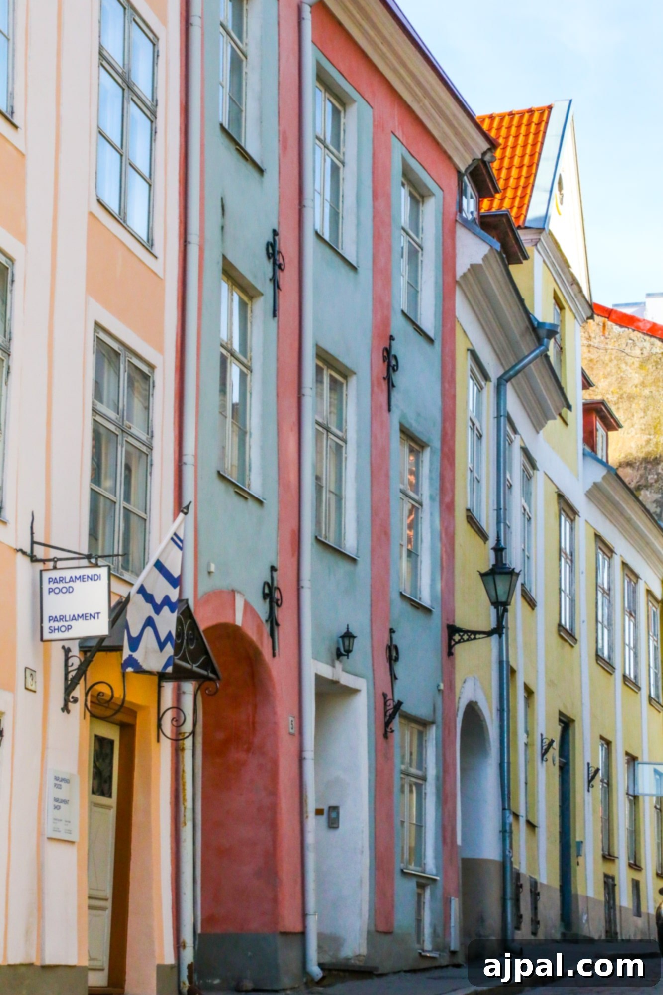 A vibrant array of colorful buildings in Tallinn, Estonia, showcasing the city's playful architecture and historical charm.