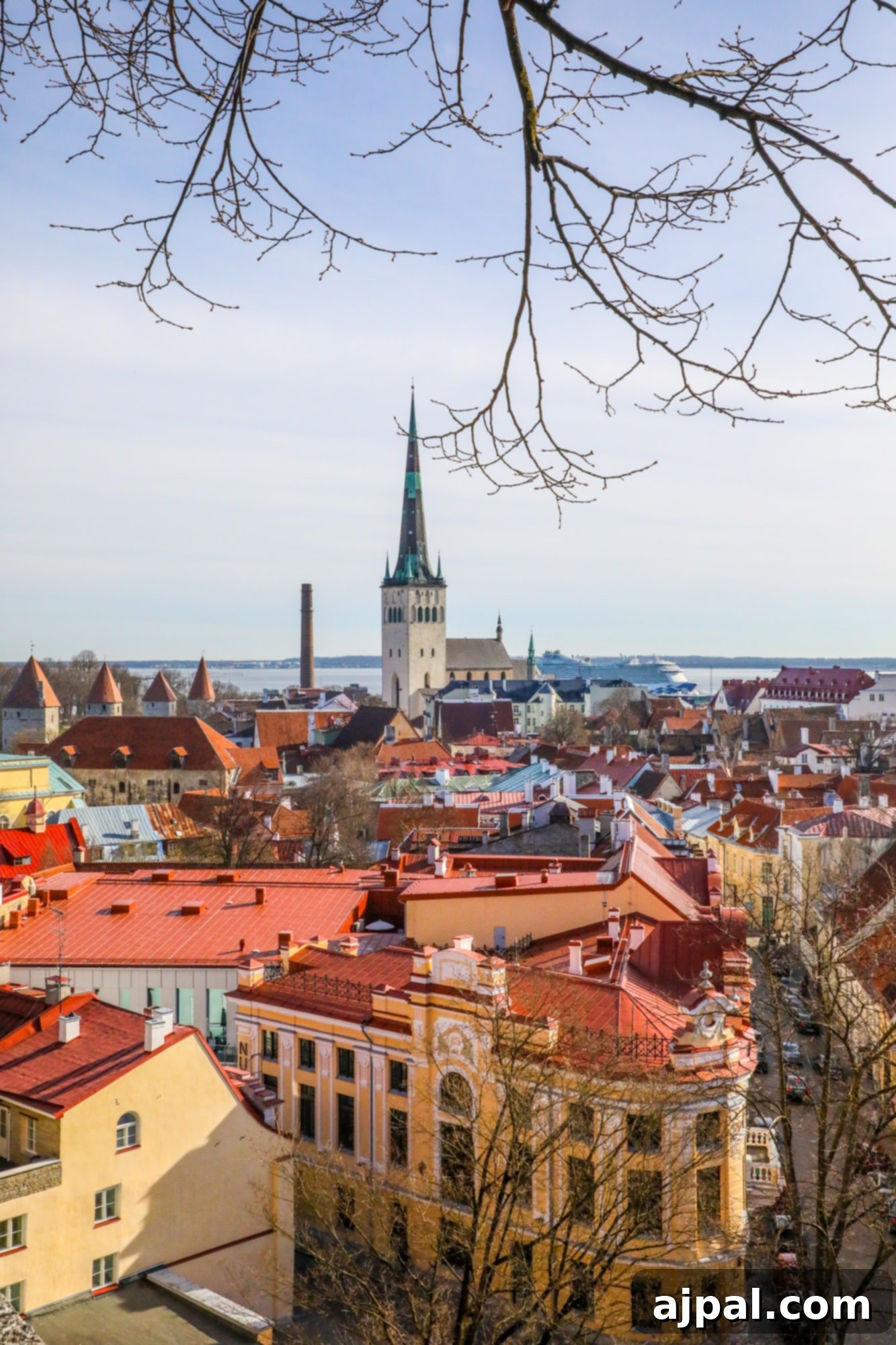 A stunning panoramic view of Tallinn's Old Town from Toompea Hill, showcasing its red rooftops, spires, and historical architecture.