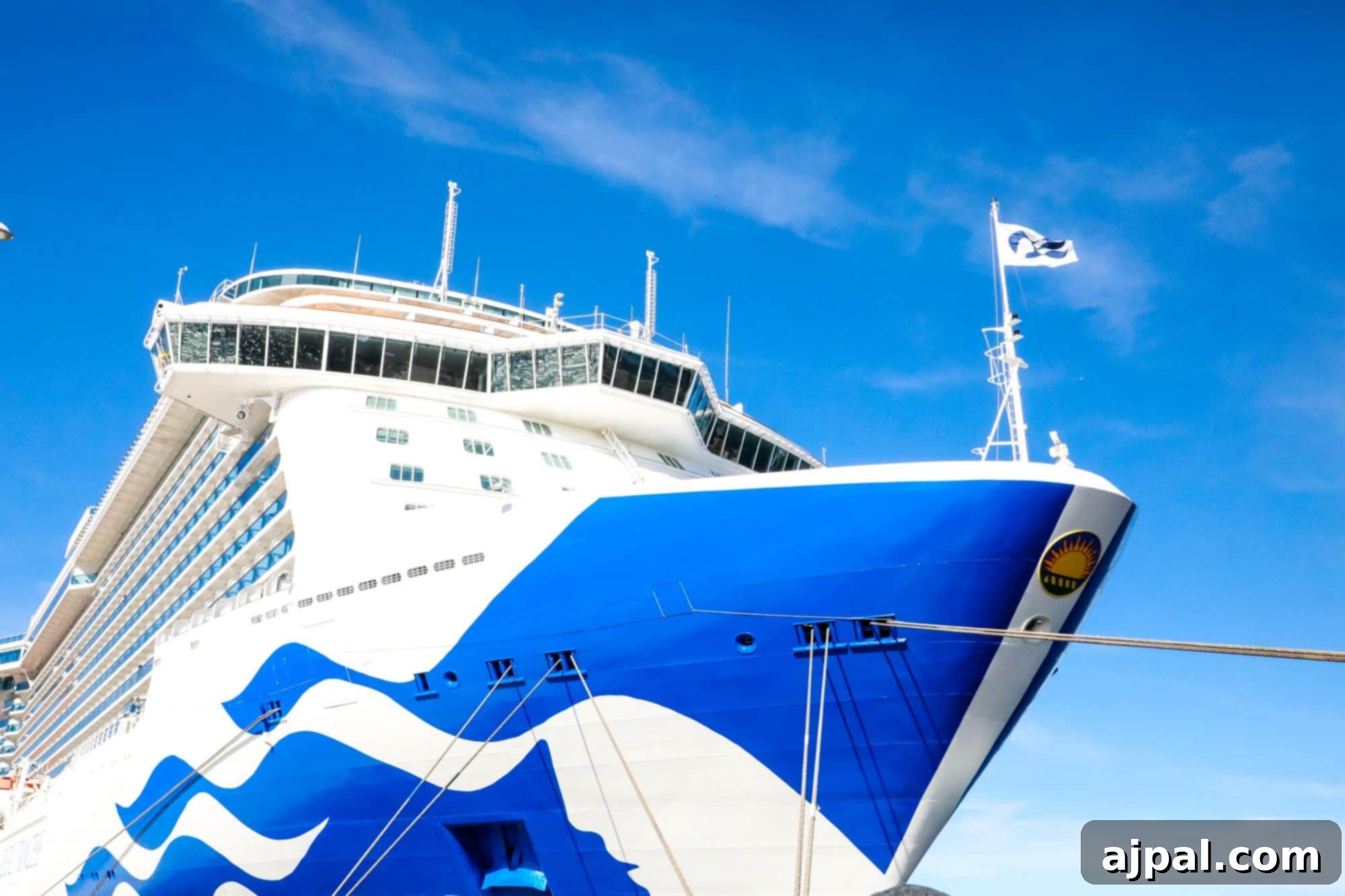 The majestic Regal Princess cruise ship docked at the bustling port of Tallinn, Estonia, under a clear sky.