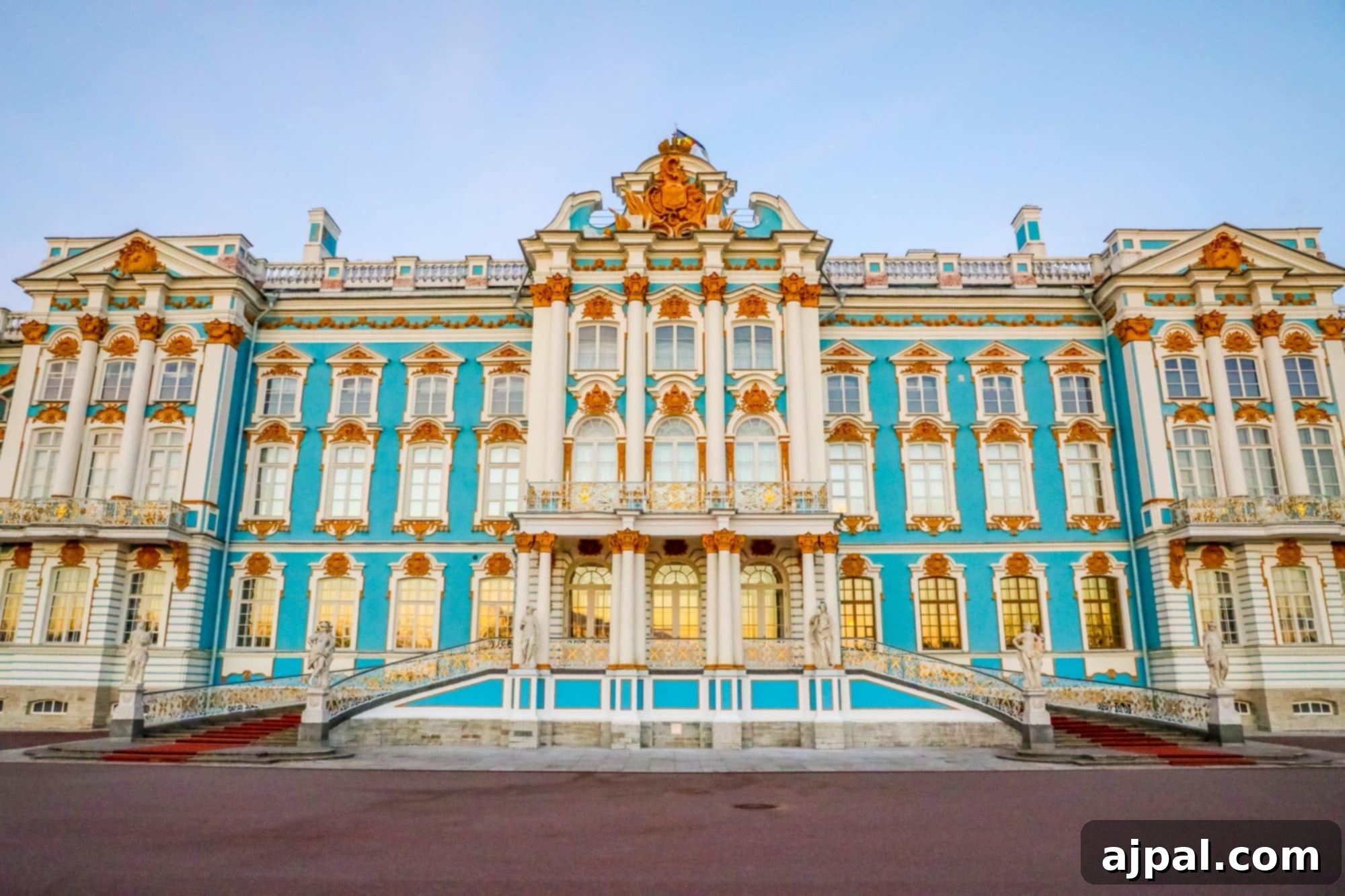 The stunning blue and gold facade of Catherine Palace, a highlight of a Princess Cruises Saint Petersburg shore excursion.