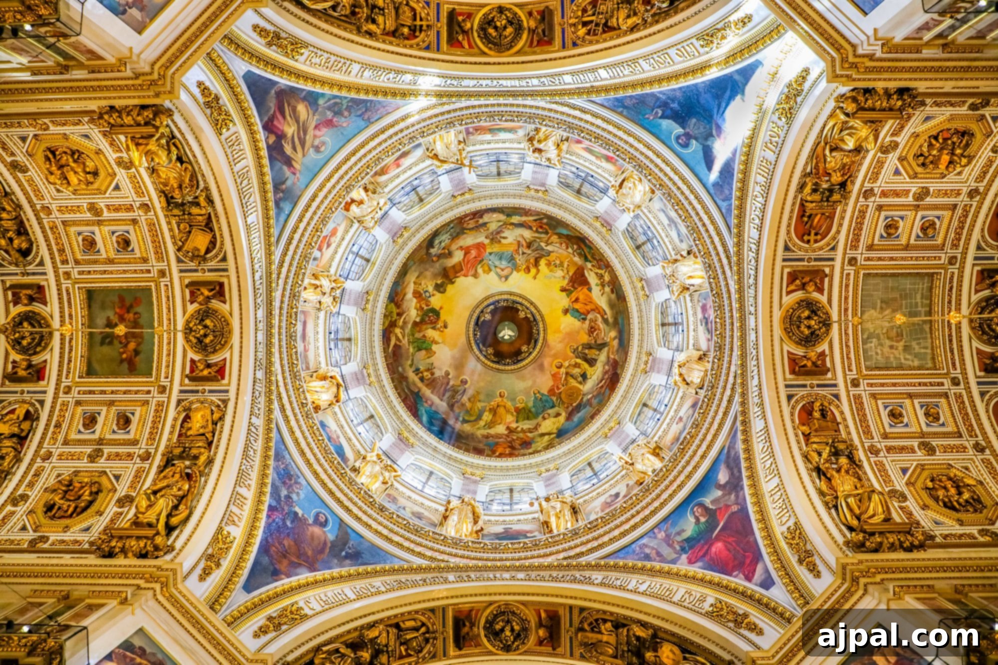 The ornately painted ceiling of Saint Isaac's Cathedral in Saint Petersburg, Russia.